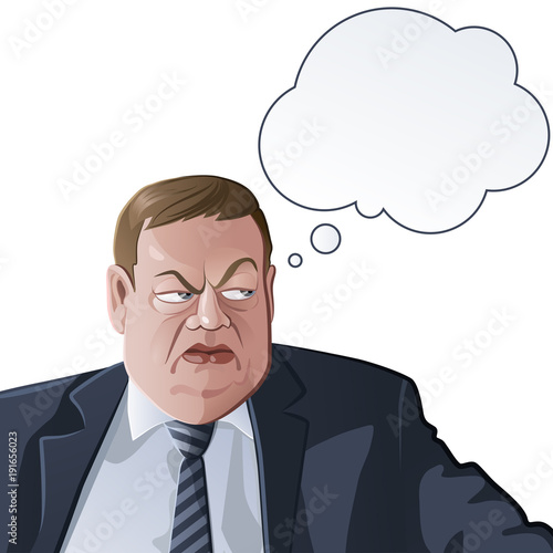 Thinking fficial or boss. Head of serious man in business formal outfit with thought bubble.
