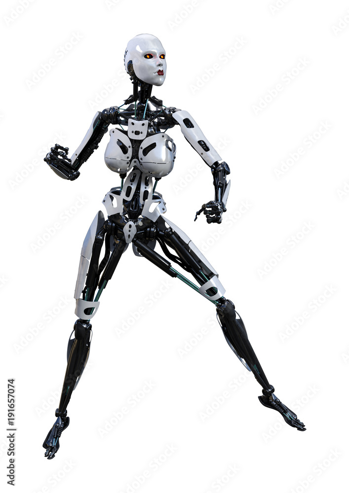 3D Rendering Female Robot on White