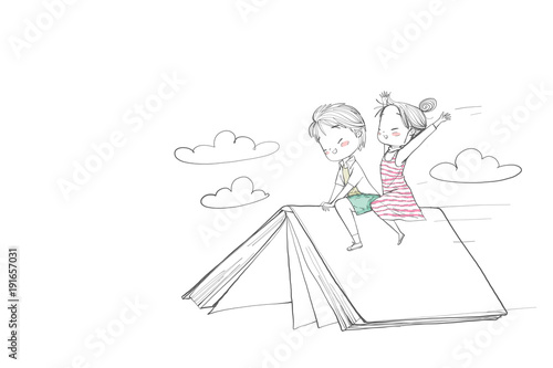 Cute childrens boy and girl riding a book. They are flying above the sky laugh and happy. Vector Illustration hand drawn.