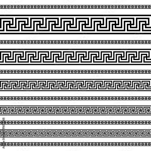 Border decoration elements patterns in black and white colors. Geometrical ethnic border in different sizes set collection. Vector illustration