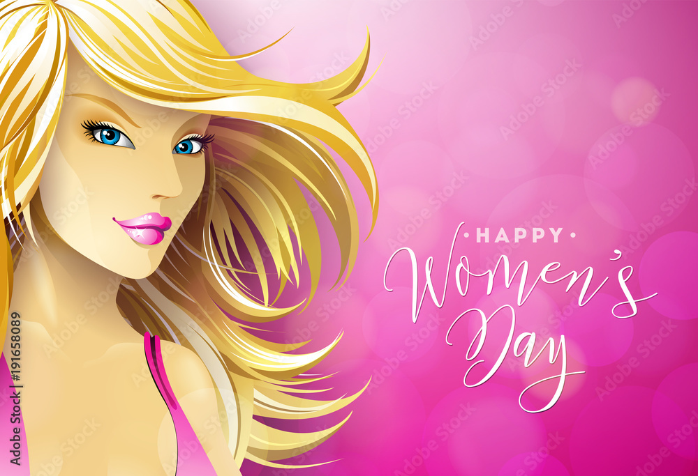 Happy Womens Day Greeting Card Design with Sexy Blondie Young Woman. International Female Holiday Illustration with Typography Letter Design on Pink Background. Vector International 8 March Template.
