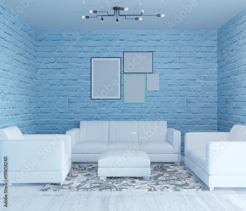 3d rendering of new luxury loft living room with white sofa, armchair and blue brick walls