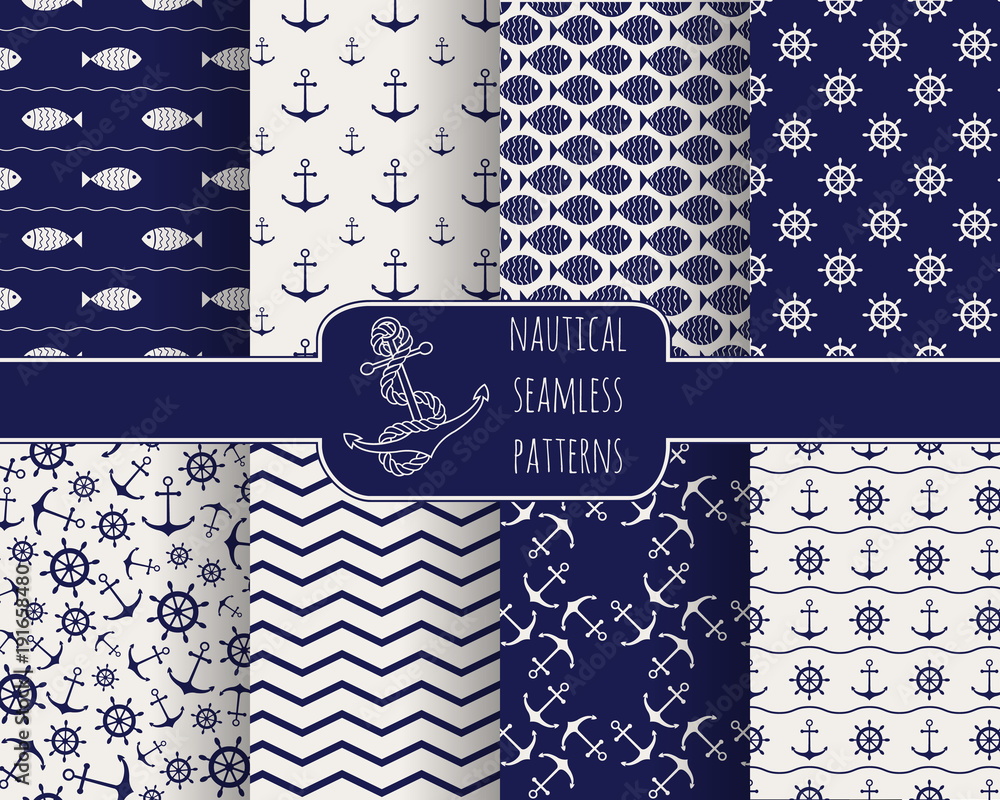 Set of 8 seamless nautical patterns