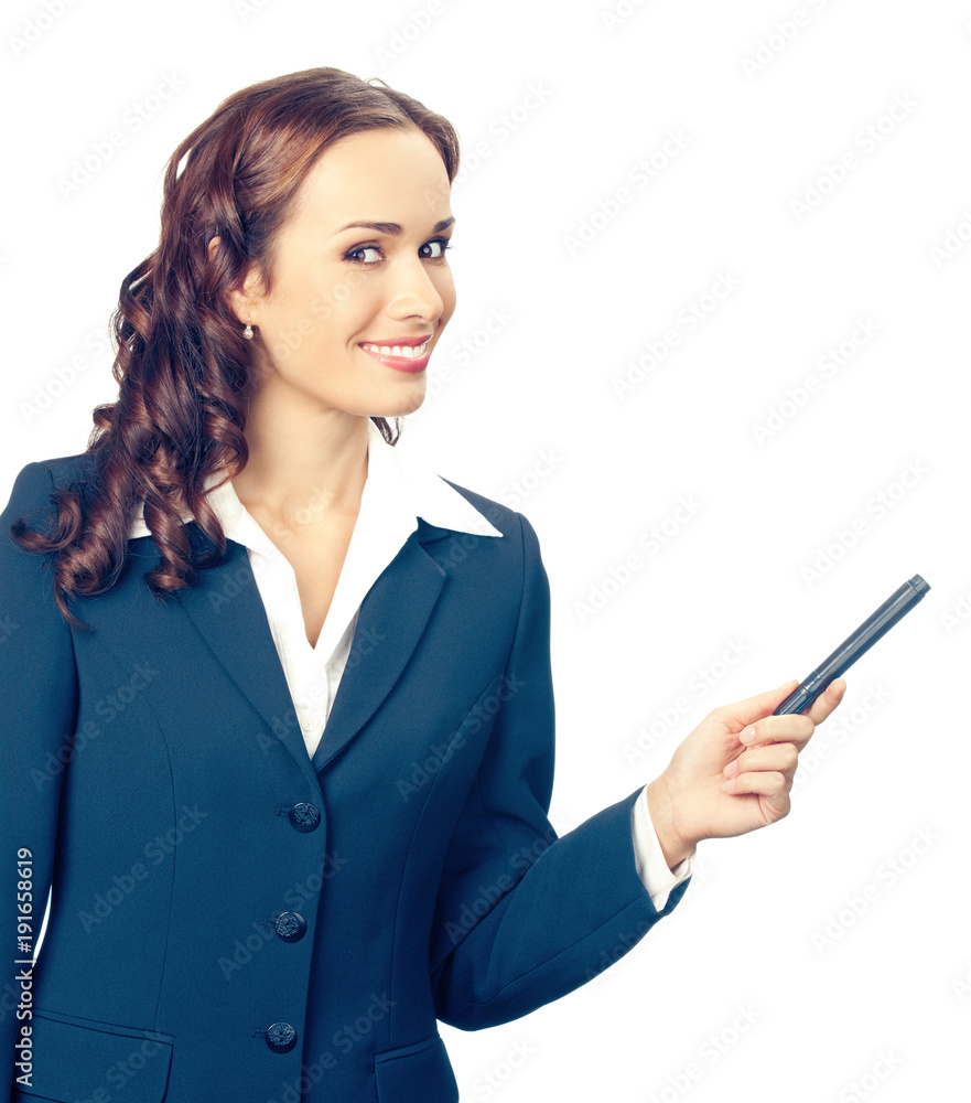Businesswoman showing, isolated on white Businesswoman showing, isolated on white