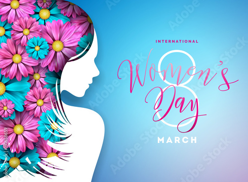 Happy Womens Day Floral Greeting Card Design. International Female Holiday Illustration with Women Silhouette, Flower and Typography Letter Design on Blue Background. Vector International 8 March