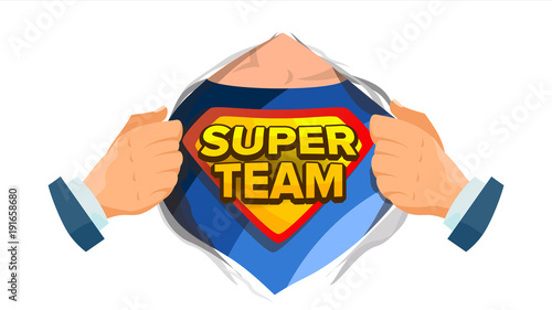 Super Team Sign Vector. Superhero Open Shirt With Shield Badge. Isolated Flat Cartoon Comic Illustration