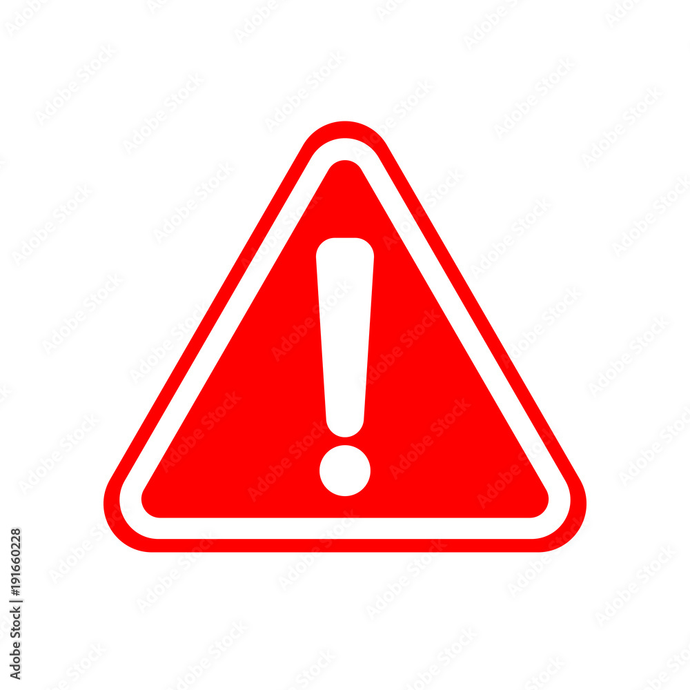 WARNING ICON. White exclamation point (mark) on red triangle sign ...