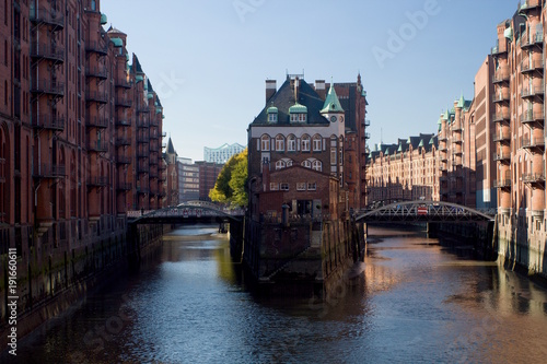 The famous Wasserschloss (Watter Castle) in the historic Speicherstadt - the largest warehouse district in the world, located in the HafenCity quarter in Hamburg, Germany.