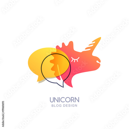 Vector doodle unicorn horse and speech bubble, logo icon or emblem template. Illustration of unicorn pinkl head for blog, chat or forum design.