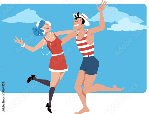 Couple dressed in 1920s style swim suits dancing thew Charleston on the beach, EPS 8 vector illustration 