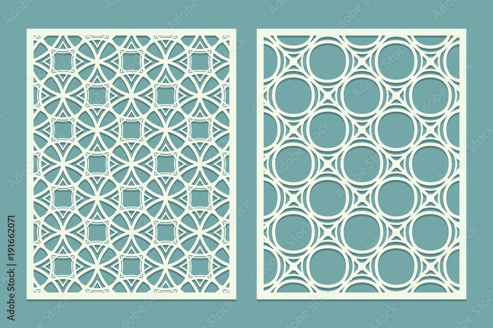 Set of Laser cut geometric pattern template. Wood screen lazer cut