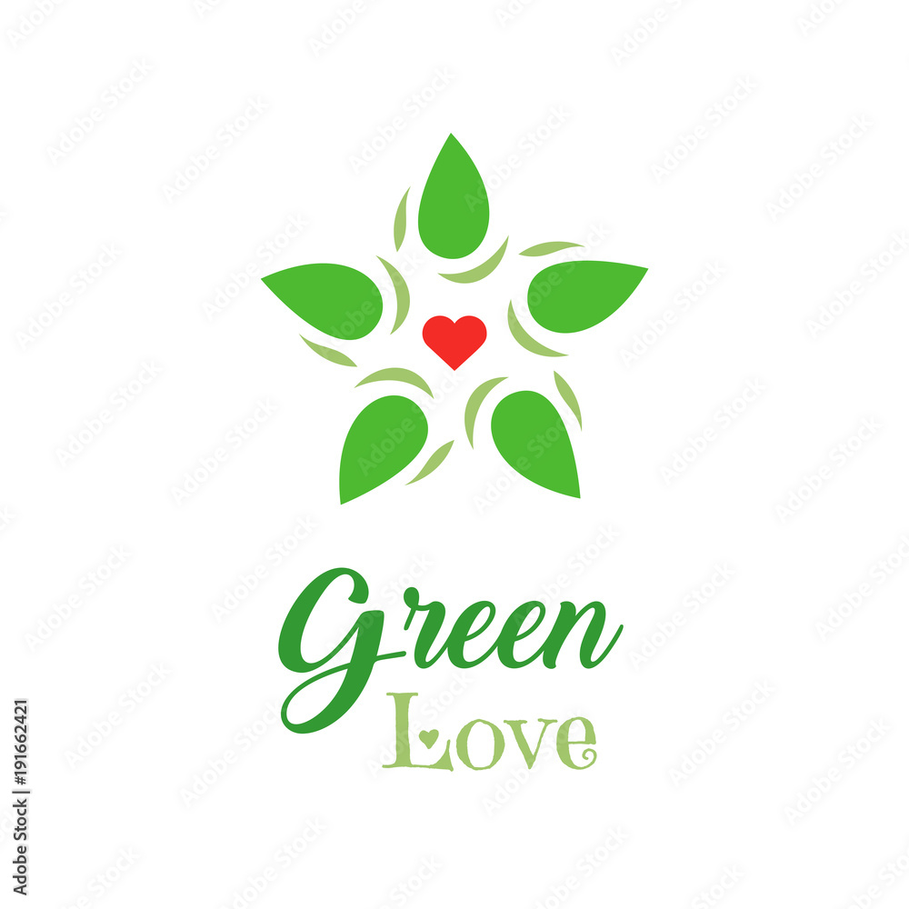 Logo organic food. Green love slogan on white background. Hand lettering icon. Eco friendly products farming symbol.