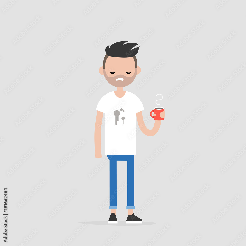 Spilled coffee. Young annoyed character wearing a stained t-shirt. Concept. Trouble. Flat editable vector illustration, clip art Spilled coffee. Young annoyed character wearing a stained t-shirt. Concept. Trouble. Flat editable vector illustration, clip art
