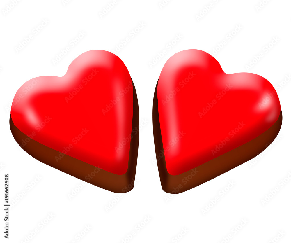 Two isolated chocolate chip cookie with red icing in the shape of a heart on a white background Two isolated chocolate chip cookie with red icing in the shape of a heart on a white background