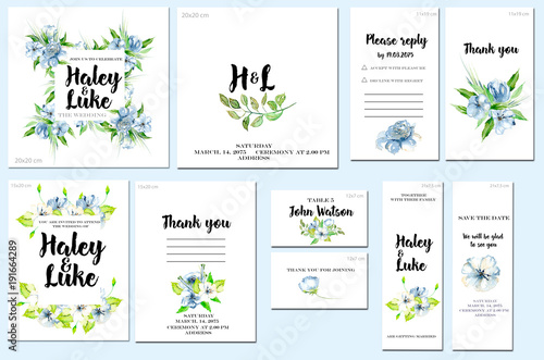 Card templates set with watercolor blue wildflowers and green leaves background; artistic design for business, wedding, anniversary invitation, flyers, brochures, table number, RSVP, Thank you card