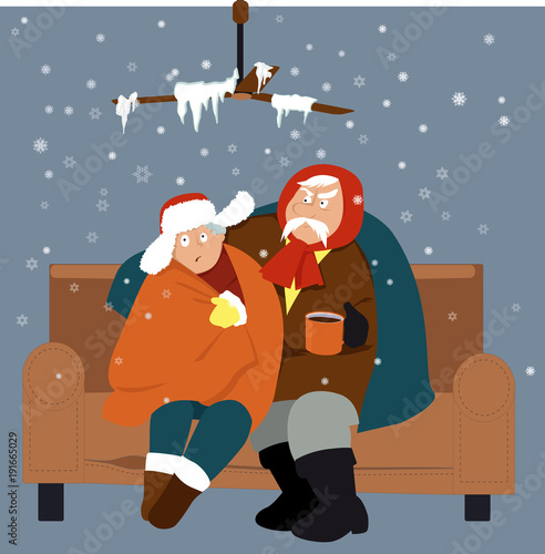 Senior couple sitting on a couch in a cold house in winter, EPS 8 vector illustration