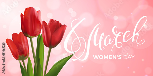 Fototapeta Naklejka Na Ścianę i Meble -  Vector greeting card for celebration Women’s Day with red realistic tulips on the pink background. Template for design of flyers, banners, postcard, newsletter and tickets for 8 March with lettering.