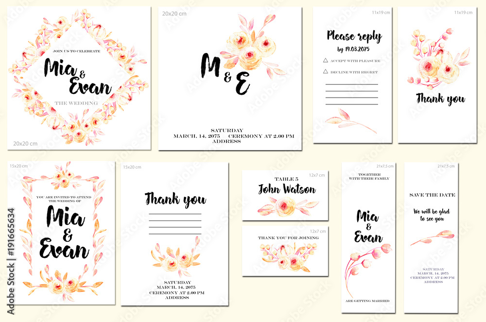 Card templates set with watercolor pink roses and leaves background; artistic design for business, wedding, anniversary invitation, flyers, brochures, table number, RSVP, Thank you card