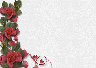 White vintage background with a border of beautiful roses. greeting card