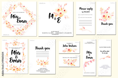Card templates set with watercolor pink roses and leaves background; artistic design for business, wedding, anniversary invitation, flyers, brochures, table number, RSVP, Thank you card