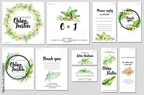 Card templates set with summer tropical watercolor flowers and plants background; artistic design for business, wedding, anniversary invitation, flyers, brochures, table number, RSVP, Thank you card