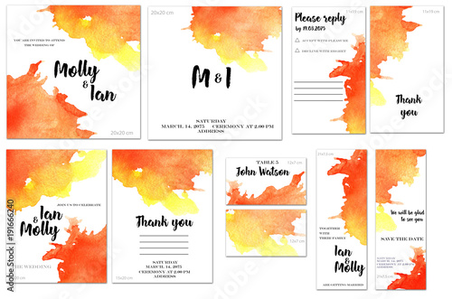 Card templates set with red and yellow watercolor splashes background; artistic design for business, wedding, anniversary invitation, flyers, brochures, table number, RSVP, Thank you card