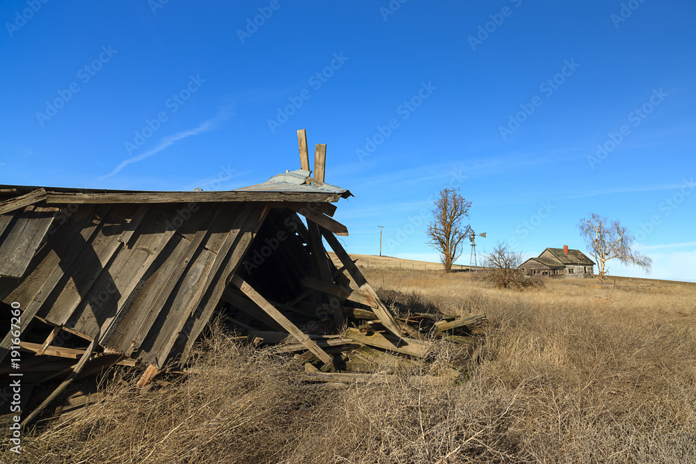 A collapsed barn on abandoned farm.