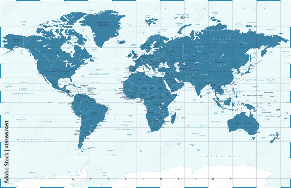 Fototapeta premium Polityczna mapa świata niebieski wektor