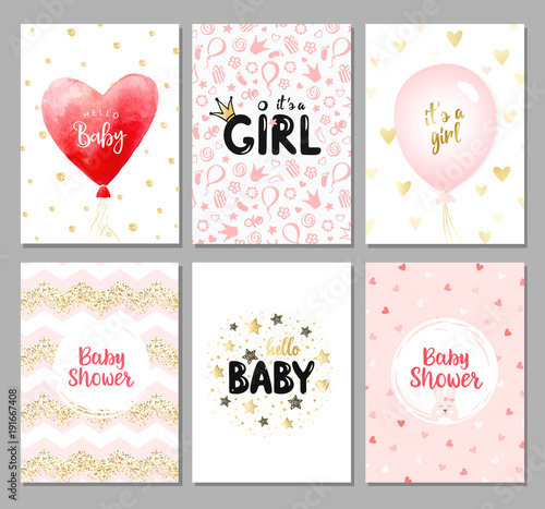 Vector set of 6 color baby shower cards for girls. It's a girl card. Hello baby card. Vector invitation with cute pattern, balloon, gift. Baby arrival and shower collection.