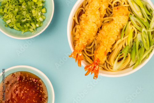 Japanese Style Tiger Prawn Tempura Noodle Soup With Spring Onions