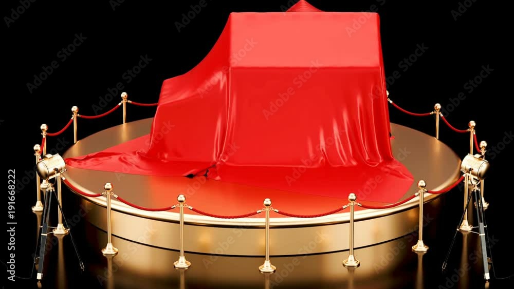 Podium with house covered red cloth, revolves around, animation concept. 3D rendering isolated on black background Podium with house covered red cloth, revolves around, animation concept. 3D rendering isolated on black background