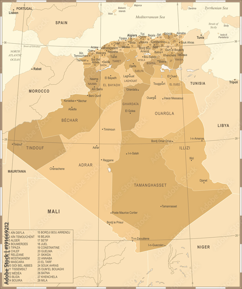 Obraz premium Algeria Map - Vintage Detailed Vector Illustration