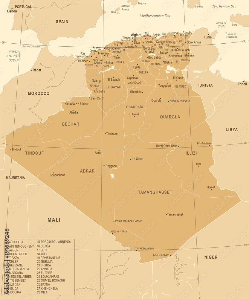 Algeria Map - Vintage Detailed Vector Illustration