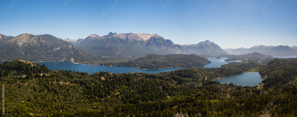 Panoramic of the lakes, mountains and forest near Bariloche city in argentinian Patagonia, taken from the Campanario mountain.