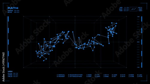 Monochromatic display screen of rotating 3D nano or molecular scale substance, and related data. Reversible, seamless loop.