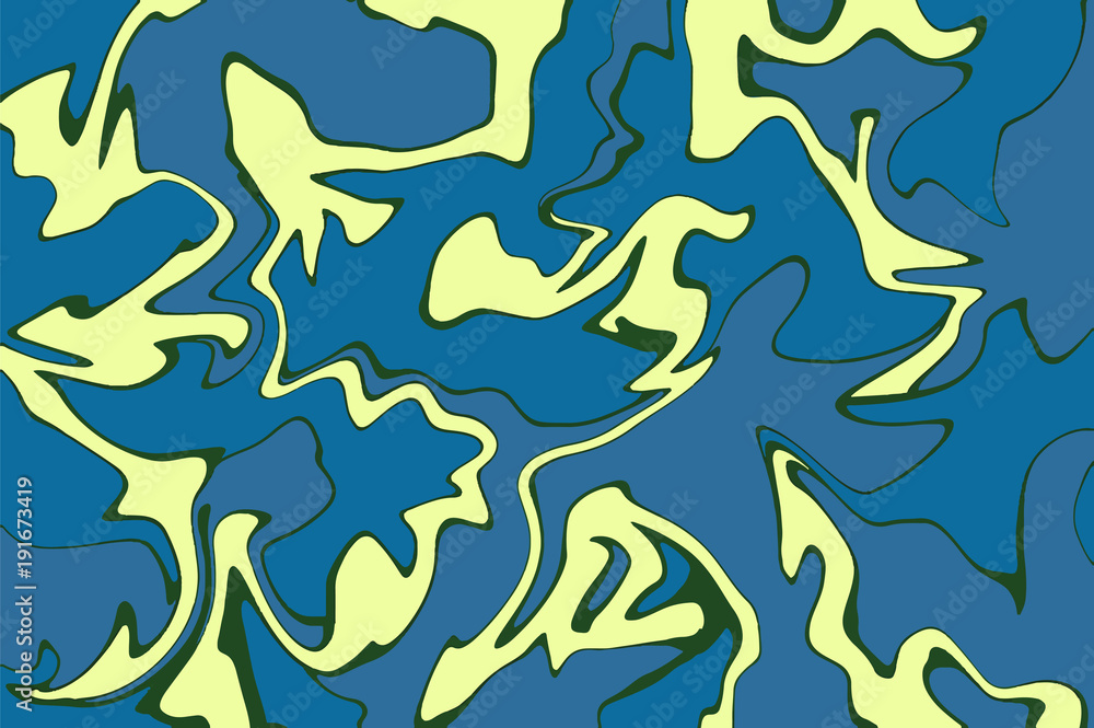 Yellow and teal digital marbling. Abstract marbled backdrop. Liquid paint abstraction.