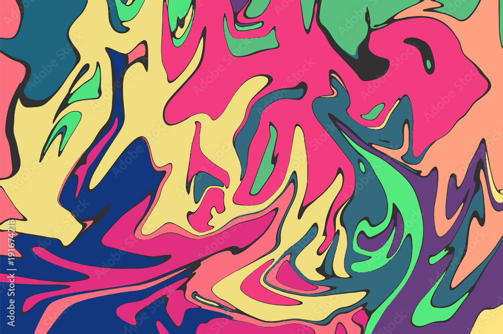 Yellow pink blue digital marbling. Abstract marbled backdrop. Liquid paint abstraction.