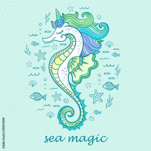 Marine magic. Seahorse, unicorn. Vector illustration.