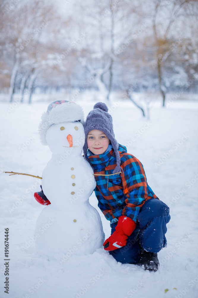 Boy with his self created snowman. Boy with his self created snowman.