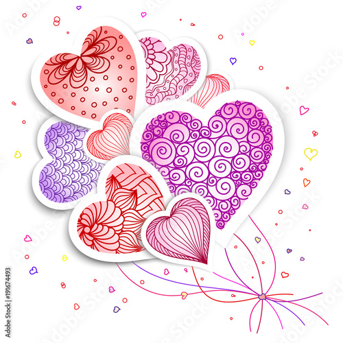 Greeting card  with drawn  hearts  and plants for Valentine's Day, weddings, Mother's Day