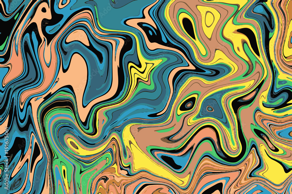 Yellow teal digital marbling. Abstract marbled backdrop. Liquid paint abstraction