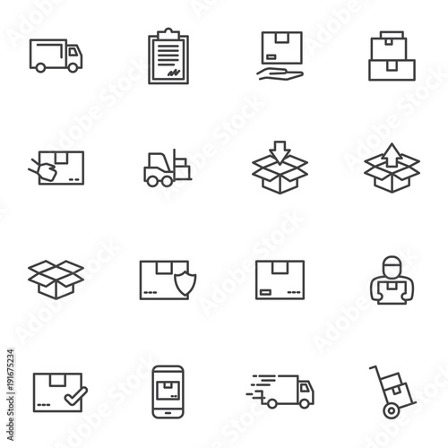 Set order and courier delivery goods, courier service, warehouse vector icons