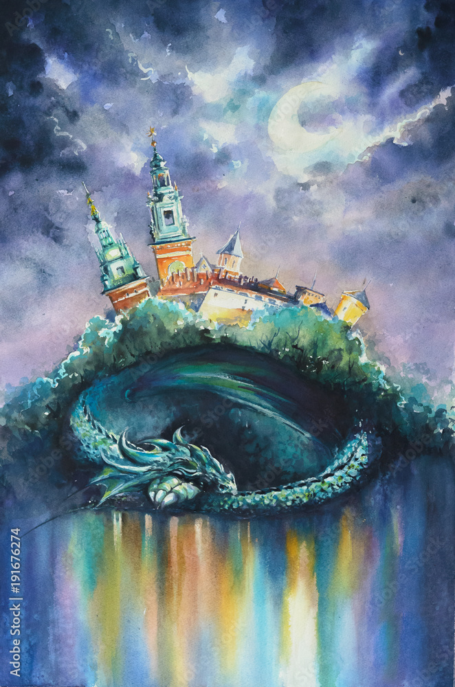 Naklejka premium Dragon, symbol of polish city Krakow sleeping under Wawel castle.Picture created with watercolors.