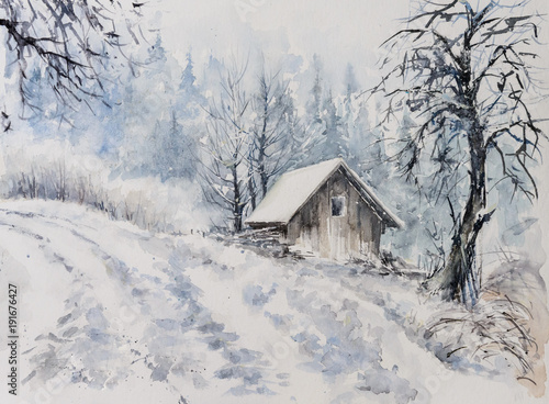 Fototapeta Oryginalne akwarele malarskie zimowego górskiego krajobrazu i gospodarstwa rolnego pokrytego śniegiem.