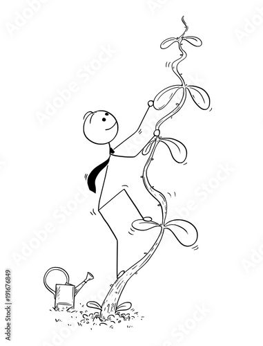 Cartoon stick man drawing conceptual illustration of businessman climbing high plant or beanstalk. Business concept of success, career and startup.