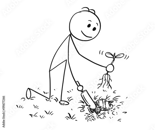 Cartoon stick man drawing illustration of gardener on garden digging a hole for plant with small shovel.