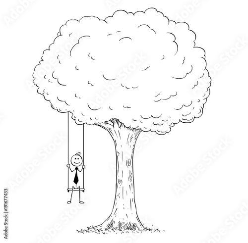 Cartoon stick man drawing conceptual illustration of happy businessman sitting on the tree swing hanging on the branch. Business concept of success.