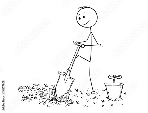 Cartoon stick man drawing illustration of gardener on garden digging a hole for plant with shovel or spade.