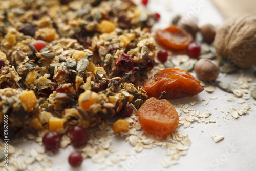 light breakfast of dried fruits and cereals photo