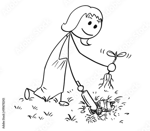 Cartoon stick man drawing illustration of gardener on garden digging a hole for plant with small shovel.